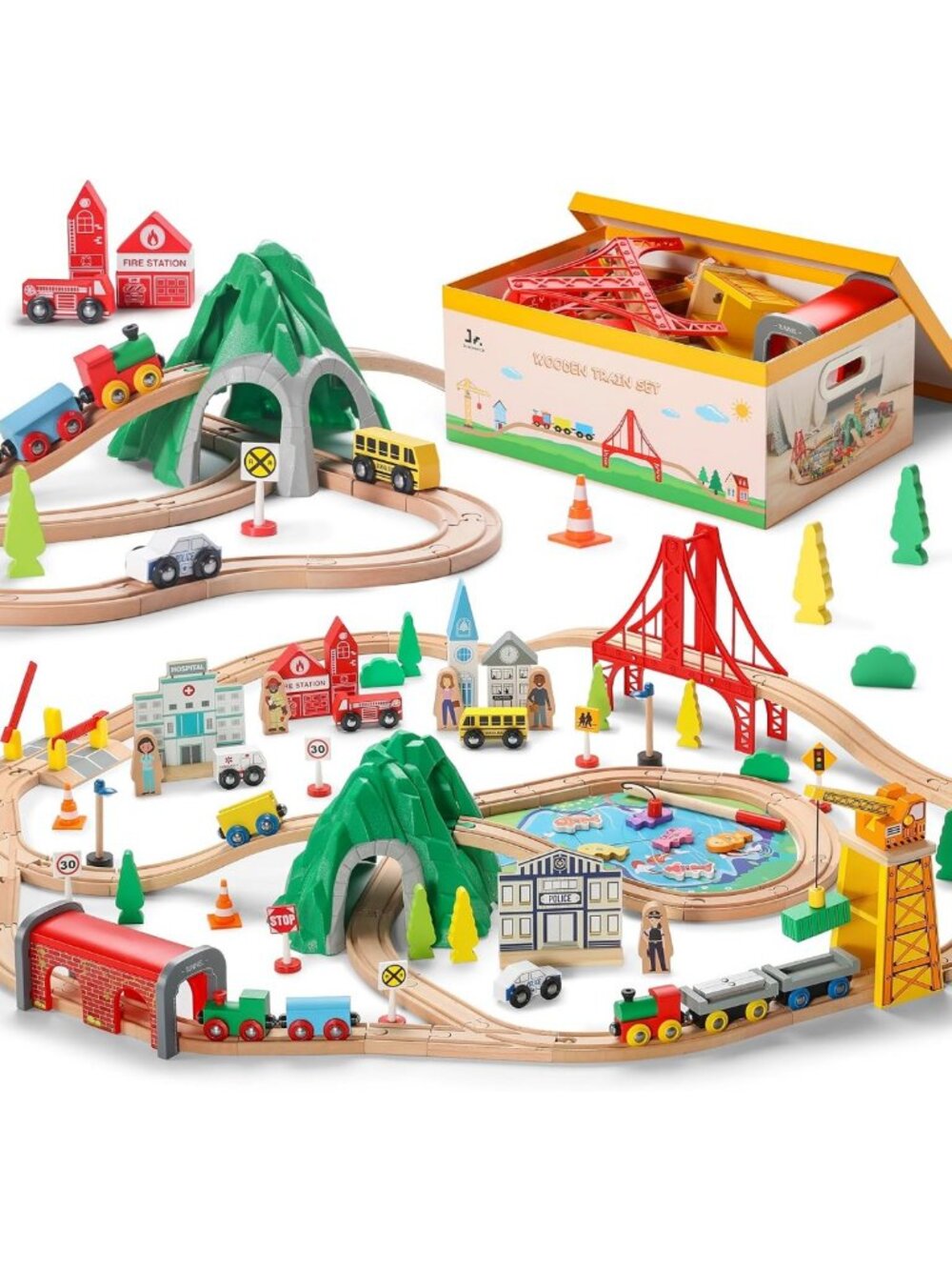 114PCS Wooden Train Set with Storage Box - Expandable Track Toys for Kids 3-7